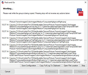 This image shows the Working... window showing the log of creating the Drive Package.