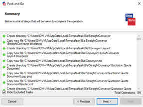 This shows the summary page detailing the process of creating the Drive Package.