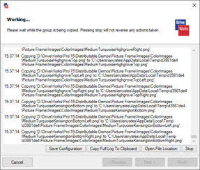 This image shows the Working... window showing the log of creating the Drive Package.