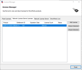Shows Network License Server Lincenses tab where you select your license to return.