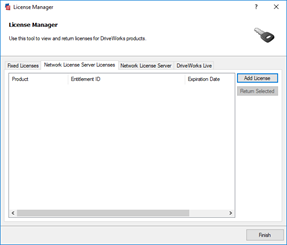 Shows Network License Server Lincenses tab where you add the license.